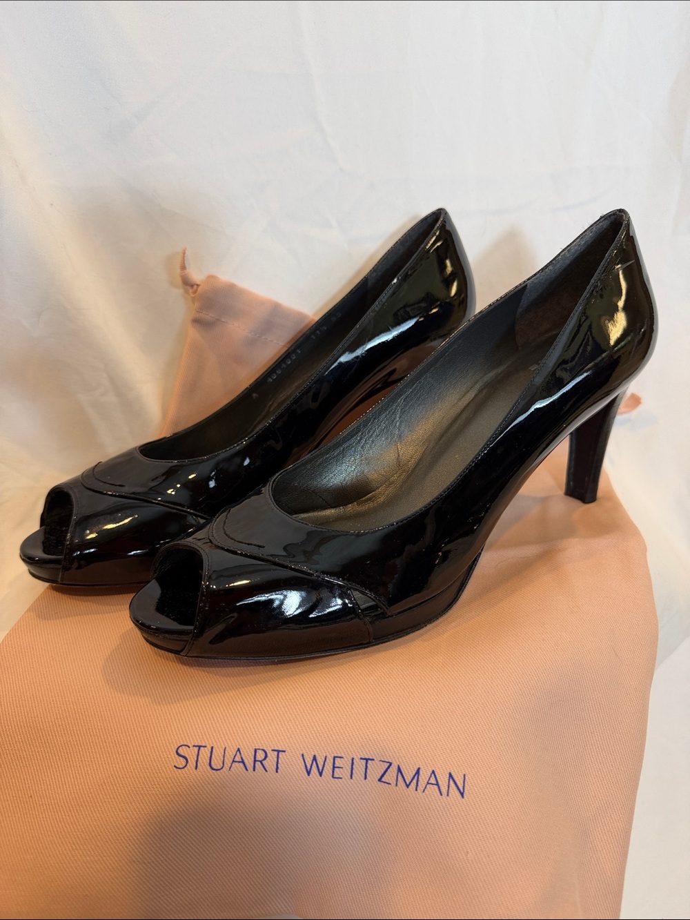 Stuart Weitzman Black Patent Peep Toe Pumps 11.5, SW Dust Cover included